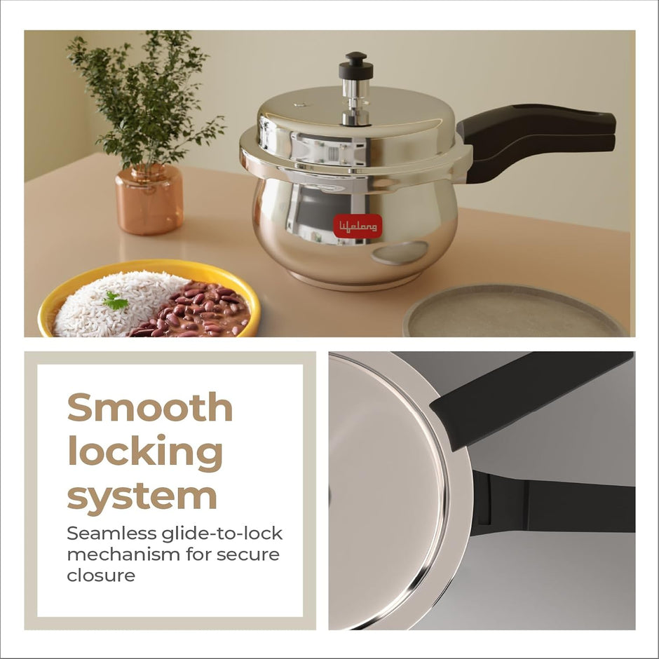 Lifelong Stainless Steel Curve Pressure Cooker 2Liters | Induction & Gas Stove Compatible with Outer Lid, ISI Certified & Lock System | Safe & Durable Kitchen Essential with 5 Years Warranty (Silver) 2 Litres