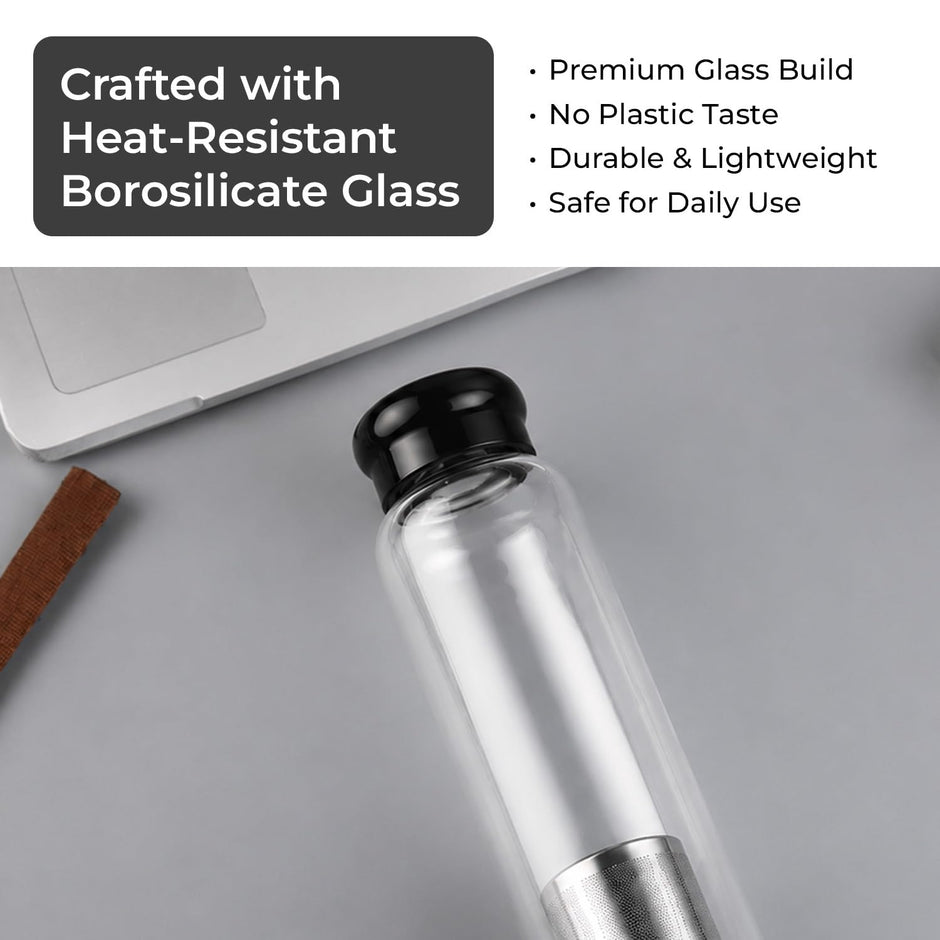 Lifelong 500ml Glass Infuser Bottle | Transparent Borosilicate Leakproof & Durable Glass Bottle for Detox Water, Tea, Juice & Herbal Drinks | Portable Reusable Drinking Bottle with Protective Sleeve
