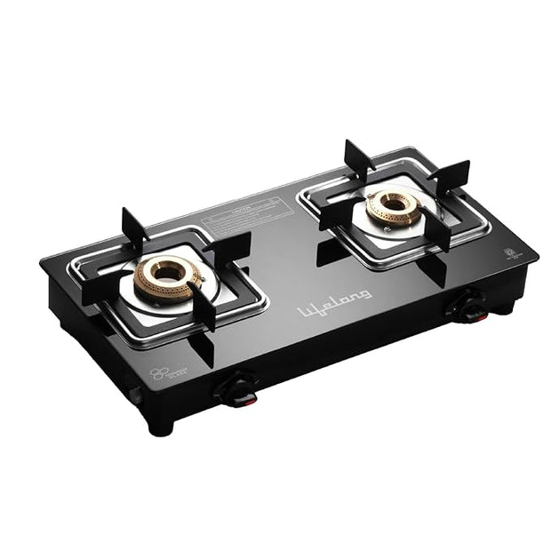 Lifelong 2 Burner Glass Gas Stove – Square Pan Support, ISI Certified, Black