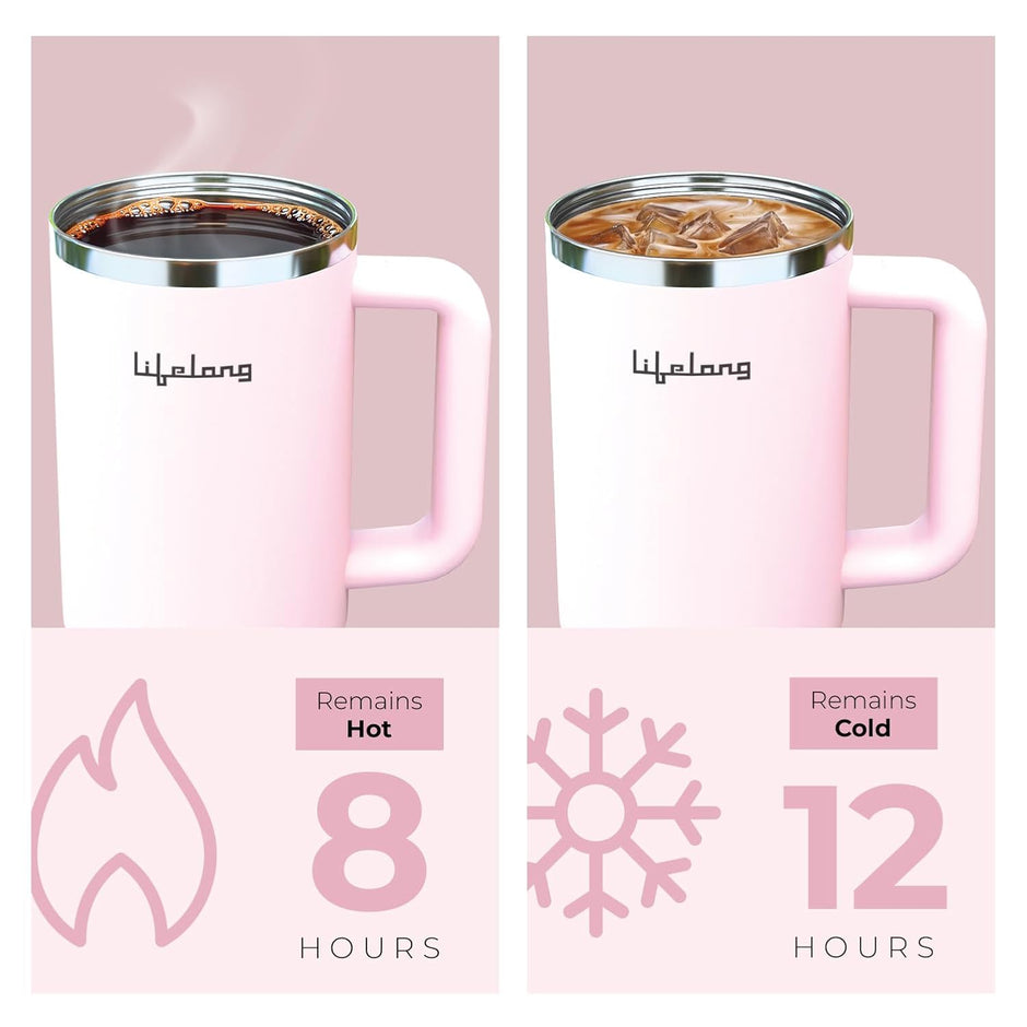 Lifelong Double-Walled Vacuum Insulated Tumbler with Handle 1200ml | Keeps Drinks Hot for 5 Hours & Cold for 9 Hours | Recycled Stainless Steel, Leakproof Lid & Comfort-Grip Handle Almond Rose