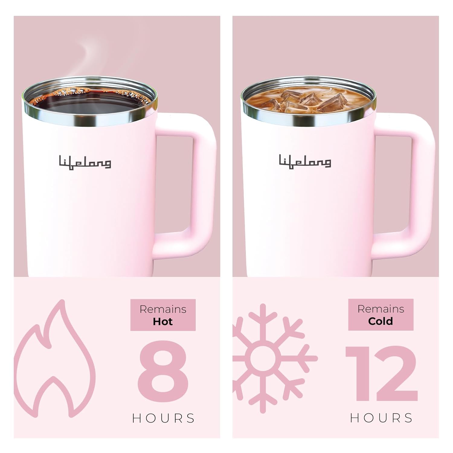 Lifelong Double-Walled Vacuum Insulated Tumbler with Handle 1200ml | Keeps Drinks Hot for 5 Hours & Cold for 9 Hours | Recycled Stainless Steel, Leakproof Lid & Comfort-Grip Handle Almond Rose