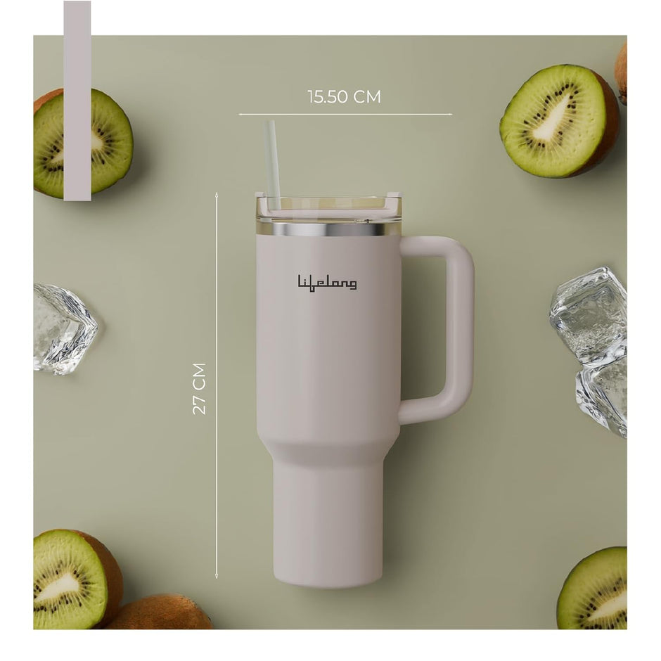 Lifelong Double-Walled Vacuum Insulated Tumbler with Lid & Straw 1200ml|Keeps Drinks Hot for 8 Hours & Cold for 12 Hours| Durable Stainless SteelTumbler with Comfort-Grip Handle(LLTBR010,Almond Birch)