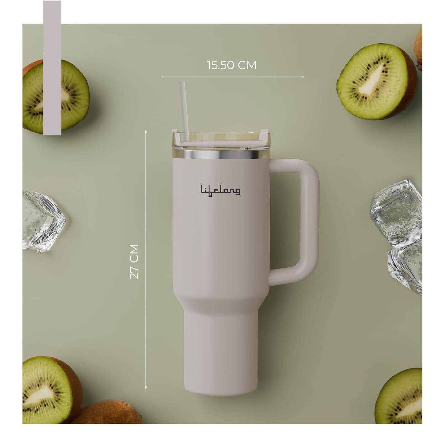 Lifelong Double-Walled Vacuum Insulated Tumbler with Lid & Straw 1200ml|Keeps Drinks Hot for 8 Hours & Cold for 12 Hours| Durable Stainless SteelTumbler with Comfort-Grip Handle(LLTBR010,Almond Birch)