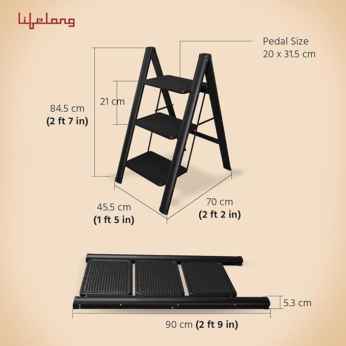 Lifelong 3-Step Steel Ladder – Foldable & Portable Multipurpose Stool with 150Kg Capacity for Home, Kitchen