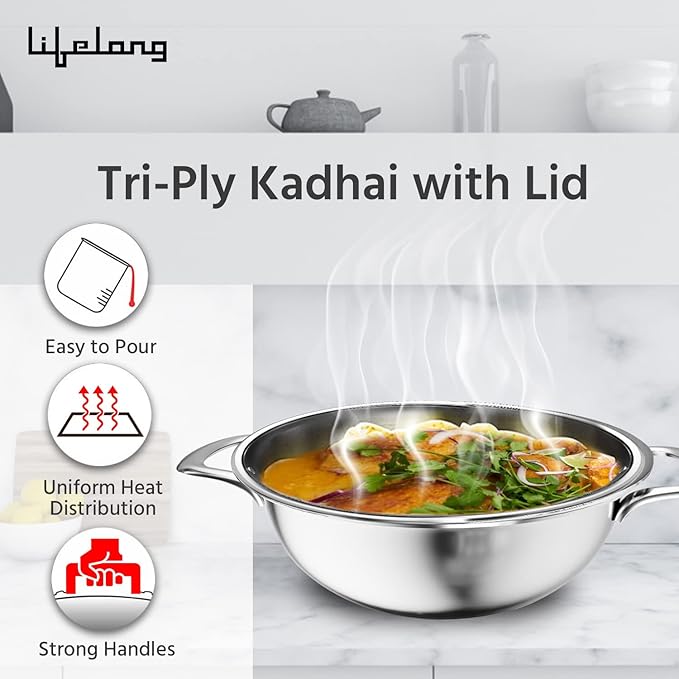 Triply Stainless Steel Deep Kadai with Lid – 2.8L, 24 cm