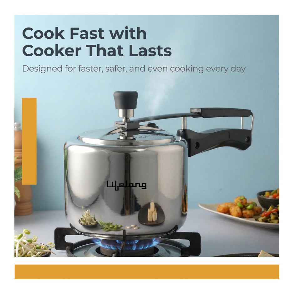 Lifelong 2L Tri Ply Stainless Steel Pressure Cooker | Inner Lid Design | Silicone Gasket | Induction & Gas Compatible for Rice, Dal, Rajma, Chole | 2.5mm Thick | Faster, Even Heating | ISI- Certified