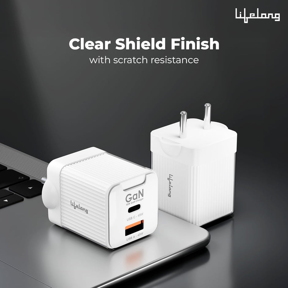 45W GaN Fast Charger with PD – Dual Port USB-A & Type-C (Glacier White)