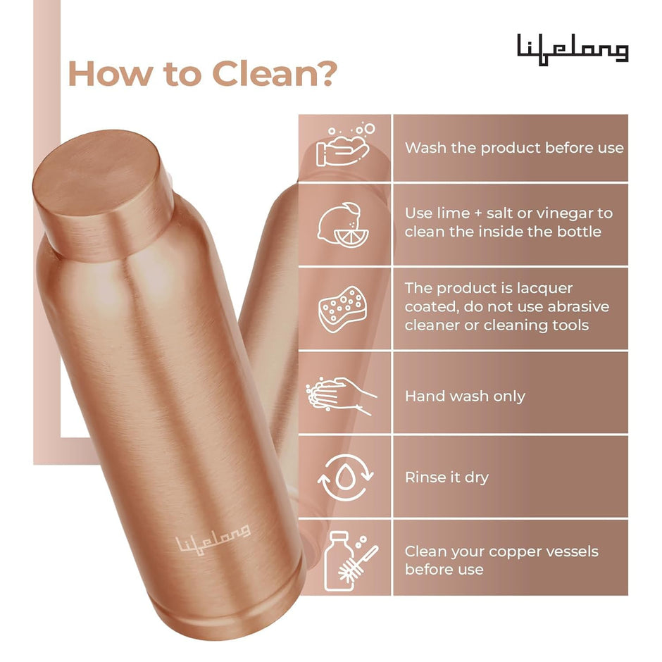 Lifelong 900 ml Copper Water Bottle | Natural alkaline water | Leakproof & Lightweight Design Boosts Immunity | Anti-Bacterial, BPA Free, Odour-Free with Secure Cap for School, Travel, Gym & Work