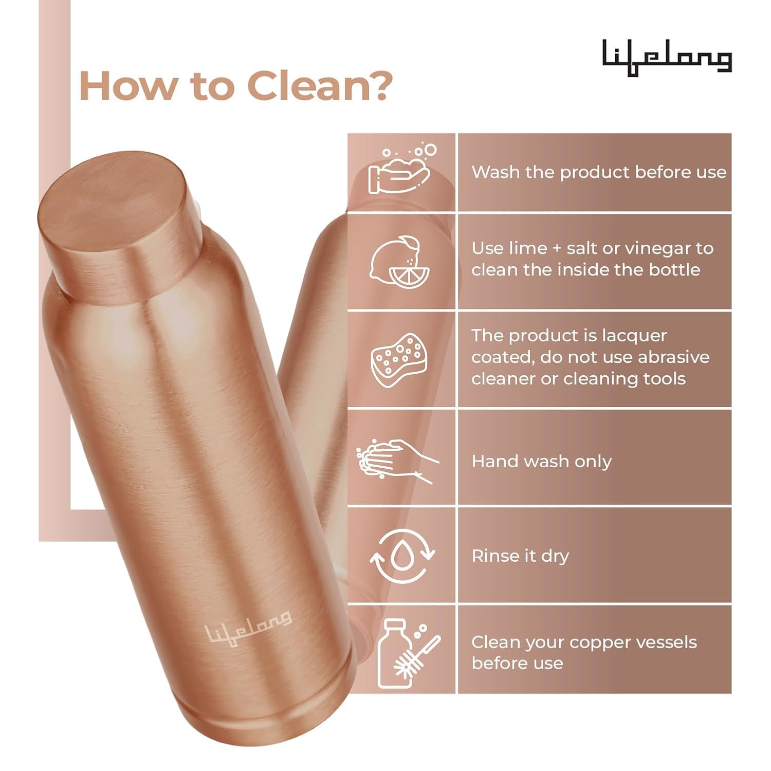 Lifelong 900 ml Copper Water Bottle | Natural alkaline water | Leakproof & Lightweight Design Boosts Immunity | Anti-Bacterial, BPA Free, Odour-Free with Secure Cap for School, Travel, Gym & Work