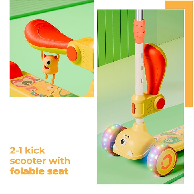 Lifelong Kids Scooter with Foldable Seat – LED PU Wheels, 4-Level Adjustable Height, BIS Certified, 50kg Capacity (Yellow & Orange)