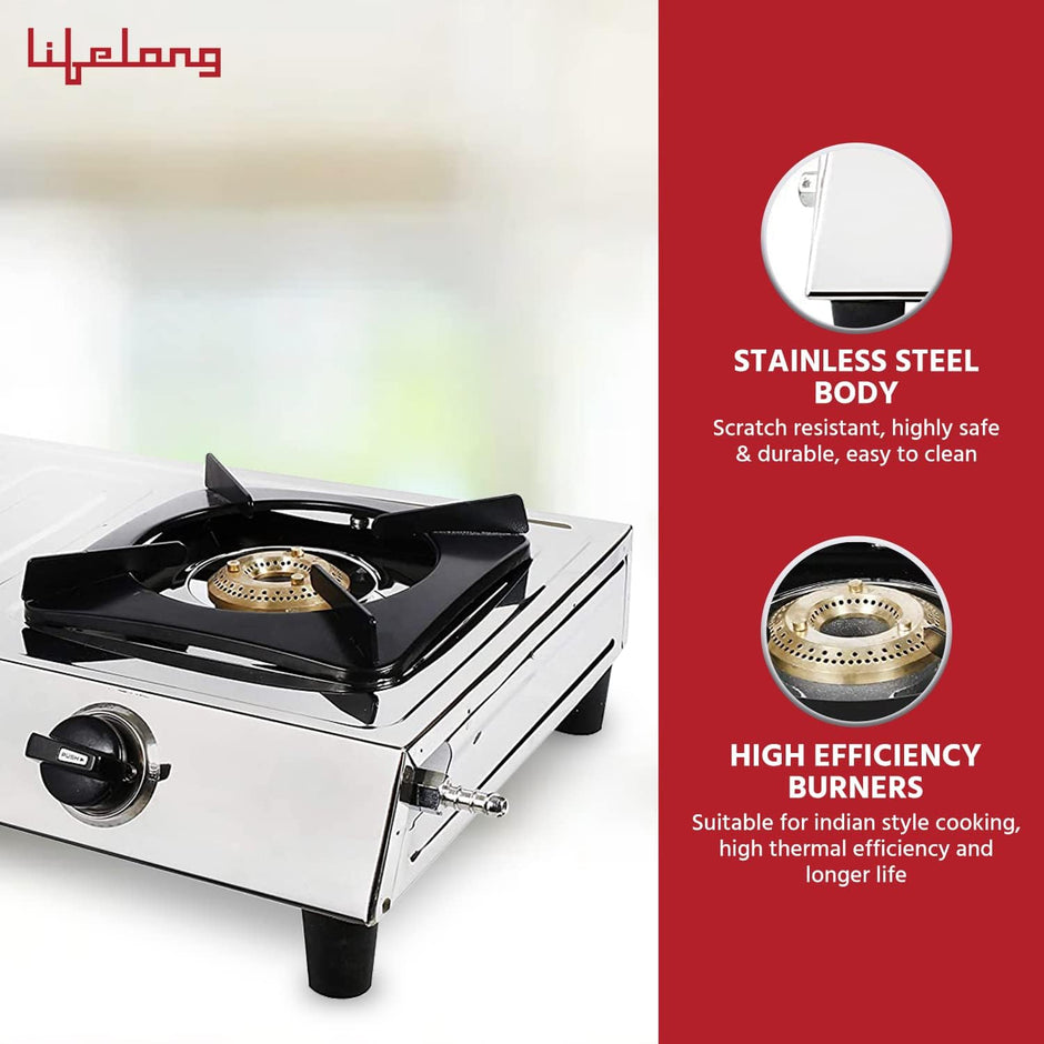 Lifelong 2 Burner Gas Stove Top for Kitchen - Manual Ignition Cooktop with Stainless Steel for Kitchen, ISI Certified & Compatible with LPG - 1 Year Manufacturer's (Silver, LLGS991)