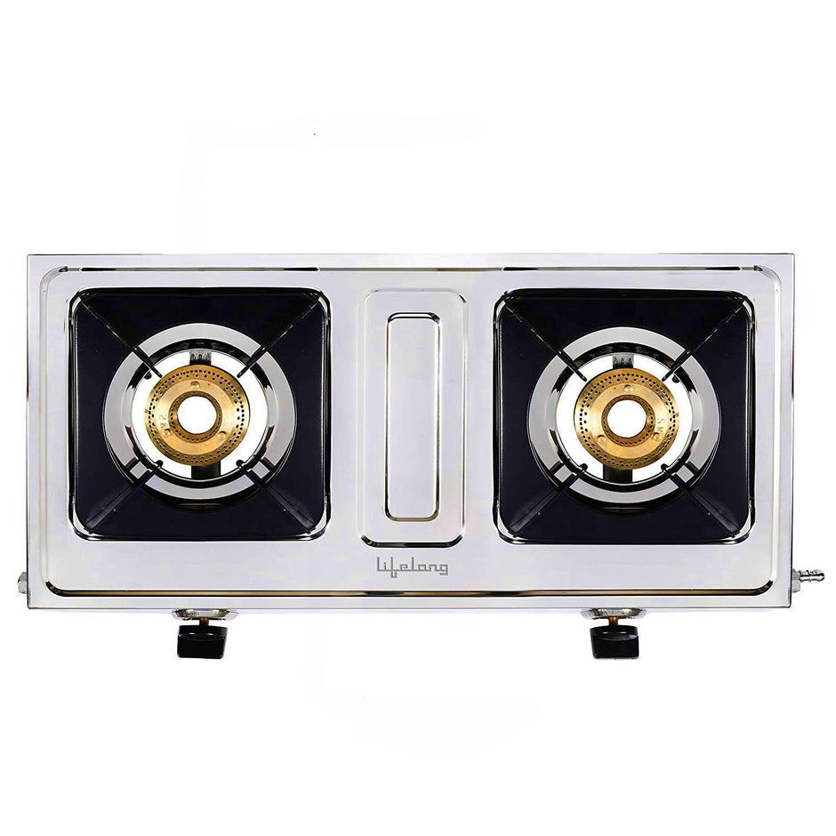 Lifelong LLGS199 Stainless Steel 2 Burner Gas Stove, ISI Certified, Manual Ignition, Silver (1 Year Door-step Warranty)