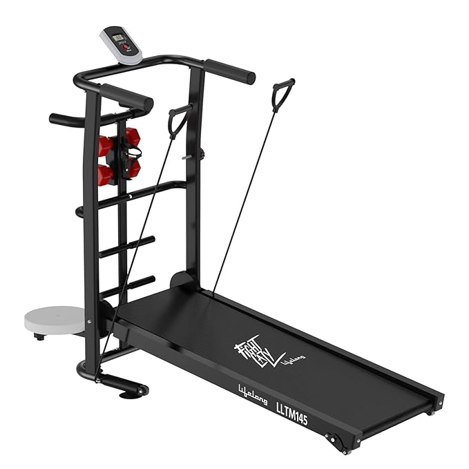 Lifelong LLTM145 Manual Multifunction Treadmill (Jogger, Twister, dumbbells holder, bottle holder), 2Level Manual Incline
