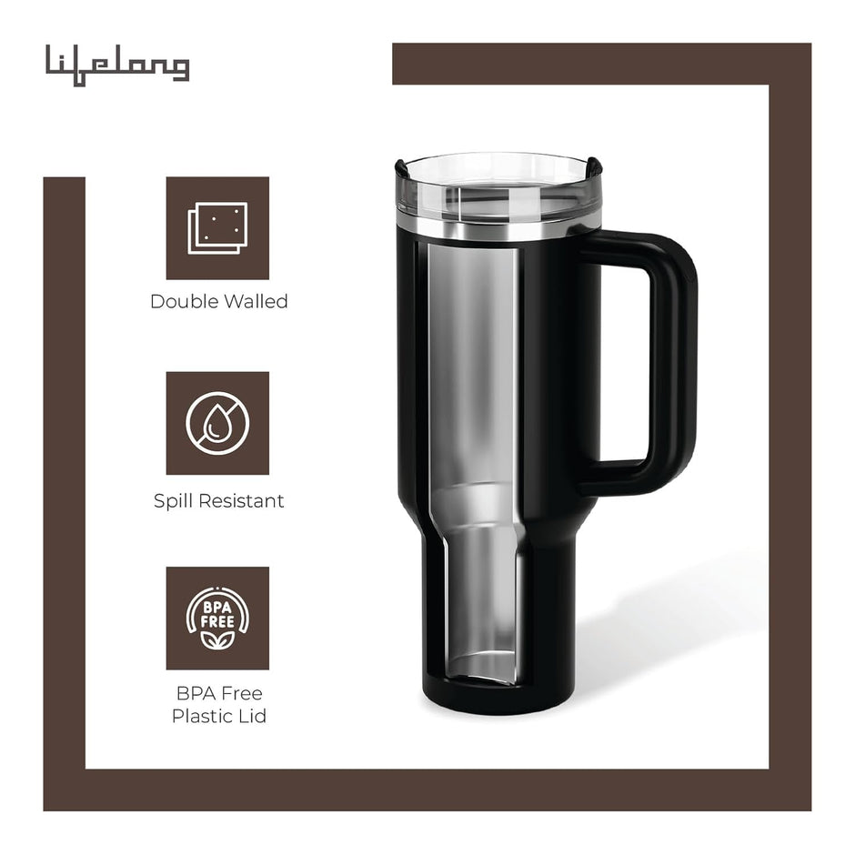 Lifelong Double-Walled Vacuum Insulated Tumblers 1200ml | Set of 2 | Unbreakable Tritan Lids, Stainless Steel Straws & Straw Cleaner | Hot 8 Hrs Cold 12 Hrs | Durable Steel with Handle (LLTBRCB1)