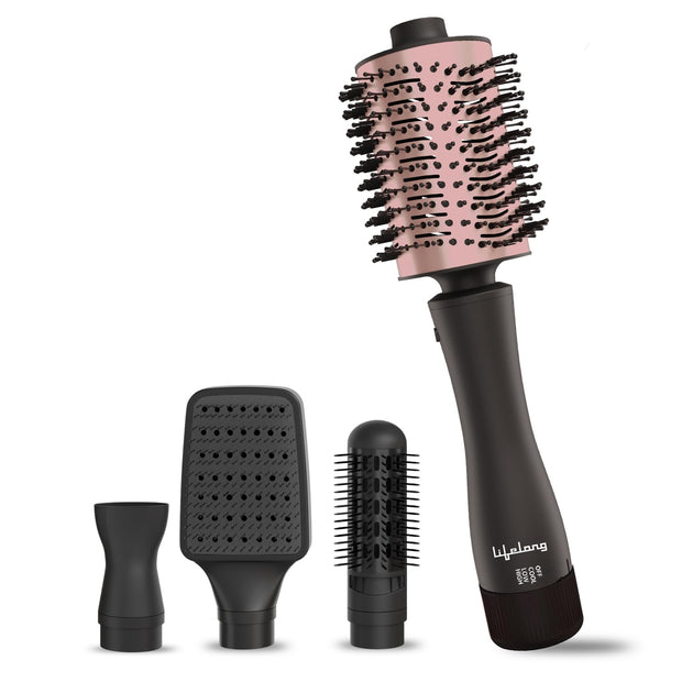 Blow Dry Brush | 1 Year Warranty | Hot Air Brush, 1200 Watts, 4 in 1 Hair Styling Brush, Attachments For Blow Dryer, Straightening Comb, Curler & Hot Air Brush (Rose Gold)