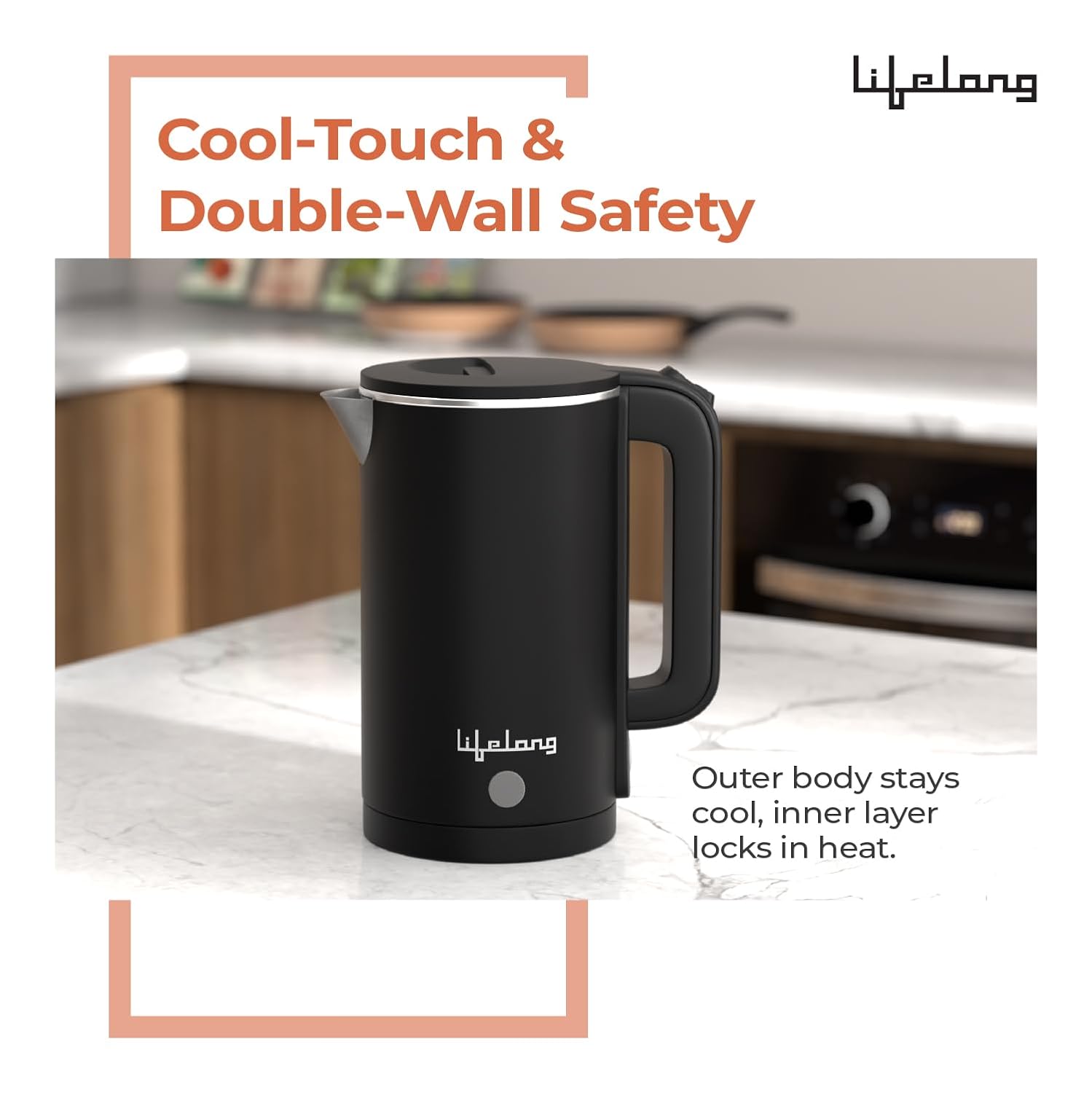 Lifelong 1.5L Electric Kettle – 1500W Stainless Steel Double Wall Kettle with Cool Touch Body, Auto Shut-Off & Overheat Protection (Black