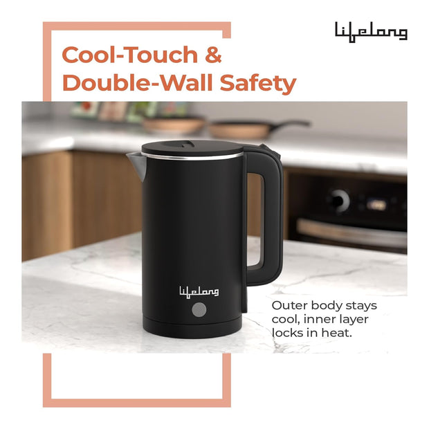 Lifelong 1.5L Electric Kettle – 1500W Stainless Steel Double Wall Kettle with Cool Touch Body, Auto Shut-Off & Overheat Protection (Black