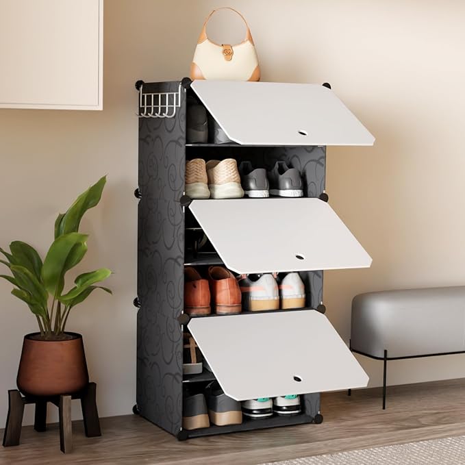 3-Tier Modular Plastic Shoe Rack with Flip Drawers