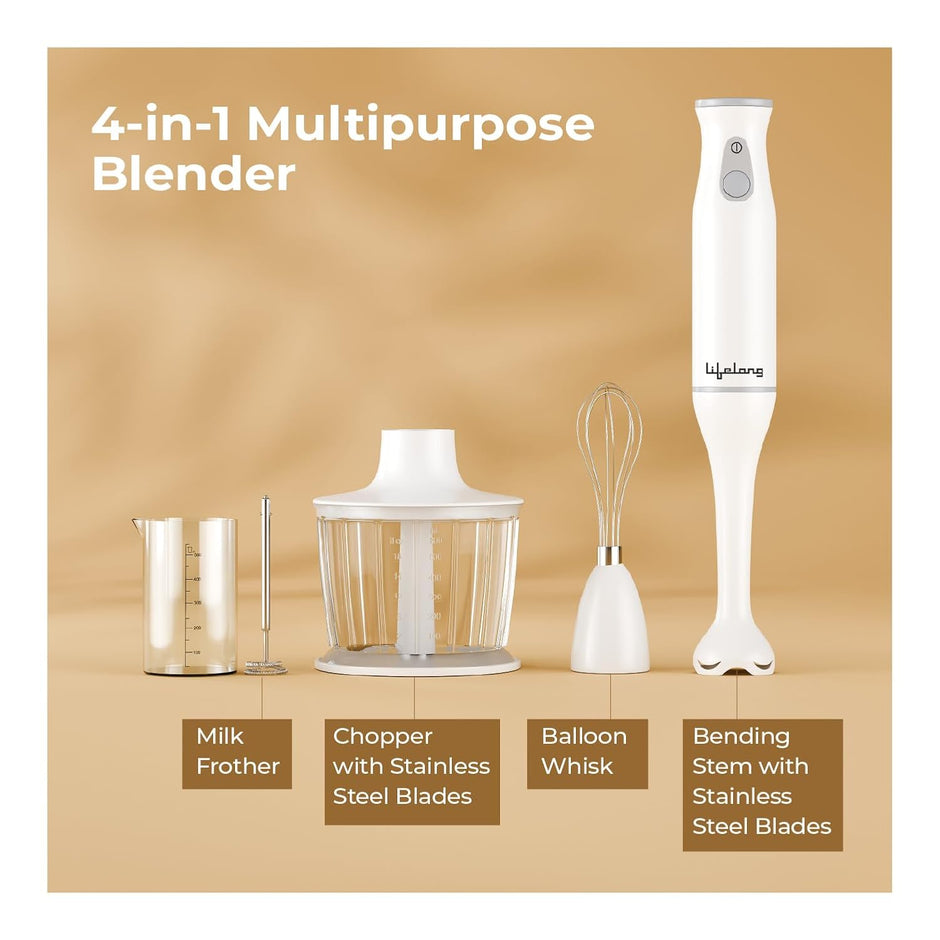 Lifelong 450W Low Noise Electric Blender with Chopper, Beaker, Whisk & Frother | Multipurpose Kitchen Appliance for Smoothies, Baby Food, Cake Mixing & Coffee Frothing| Stainless Steel Blades(LLHBZ07)