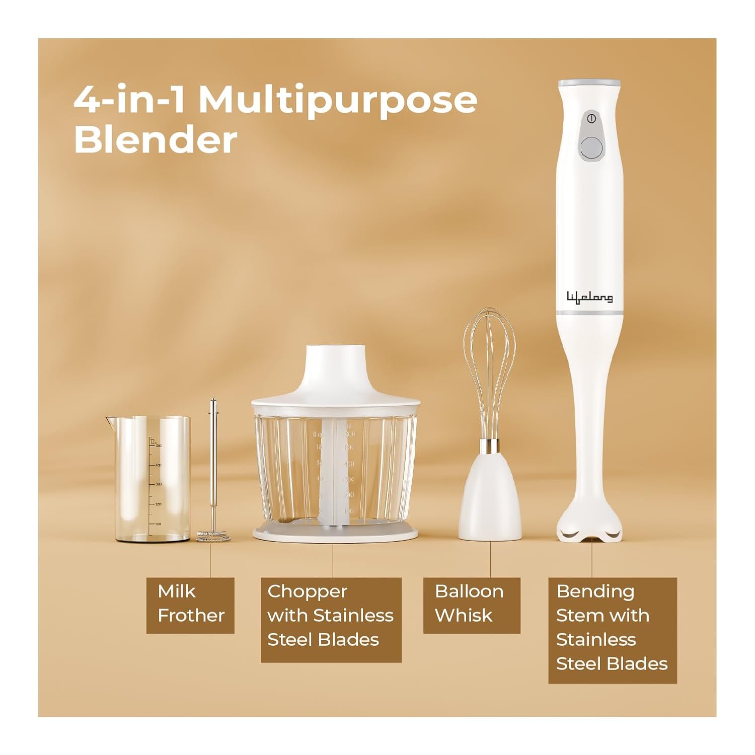 Lifelong 450W Low Noise Electric Blender with Chopper, Beaker, Whisk & Frother | Multipurpose Kitchen Appliance for Smoothies, Baby Food, Cake Mixing & Coffee Frothing| Stainless Steel Blades(LLHBZ07)