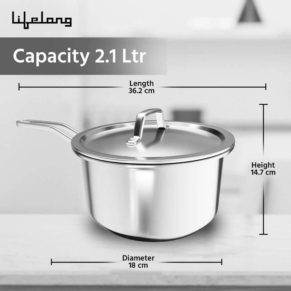 Lifelong Triply Stainless Steel 2.1 Litre Sauce Pan | Riveted Handle with Stainless Steel Lid | 18 cm Diameter | Induction, Dishwasher and Gas Stove Friendly | LLTPSP903 2 Litres