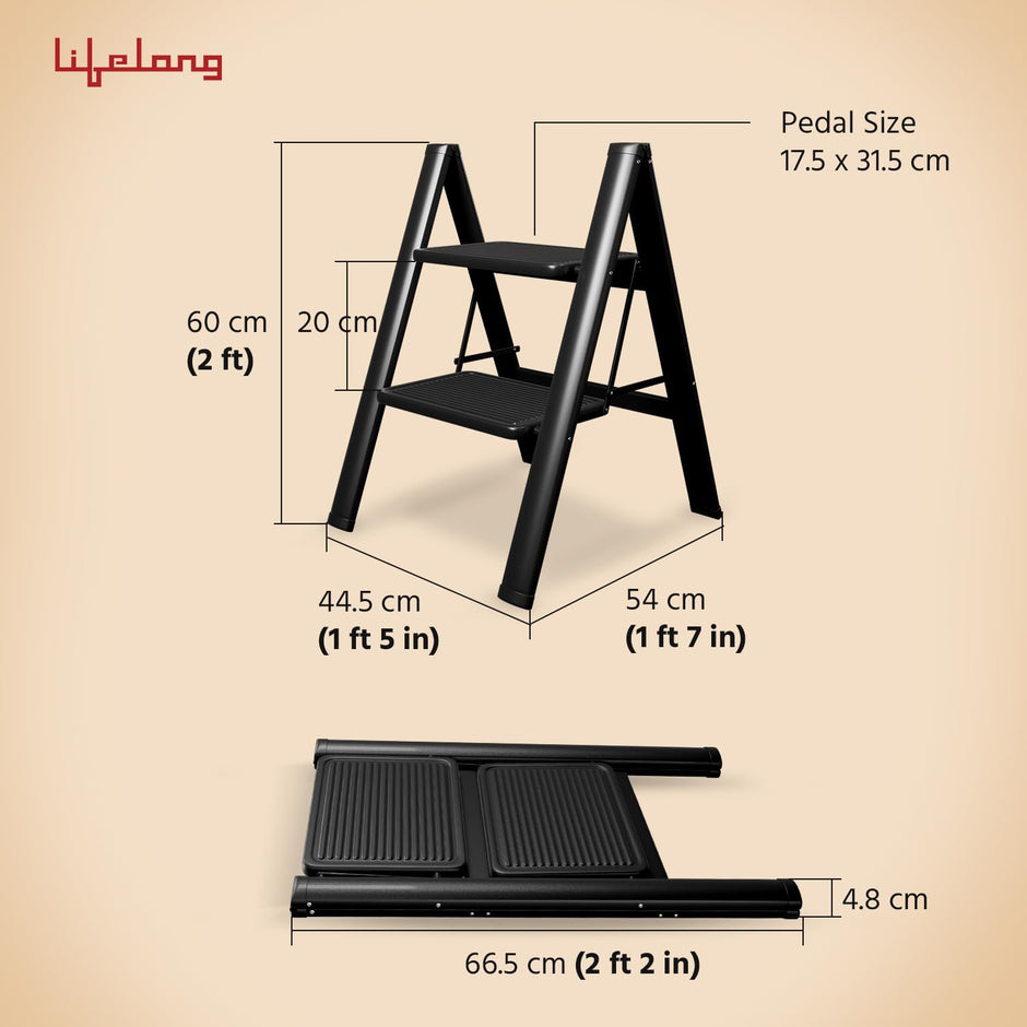 Lifelong 2-Step Steel Ladder – Foldable, Portable Multipurpose Stool, 150Kg Capacity