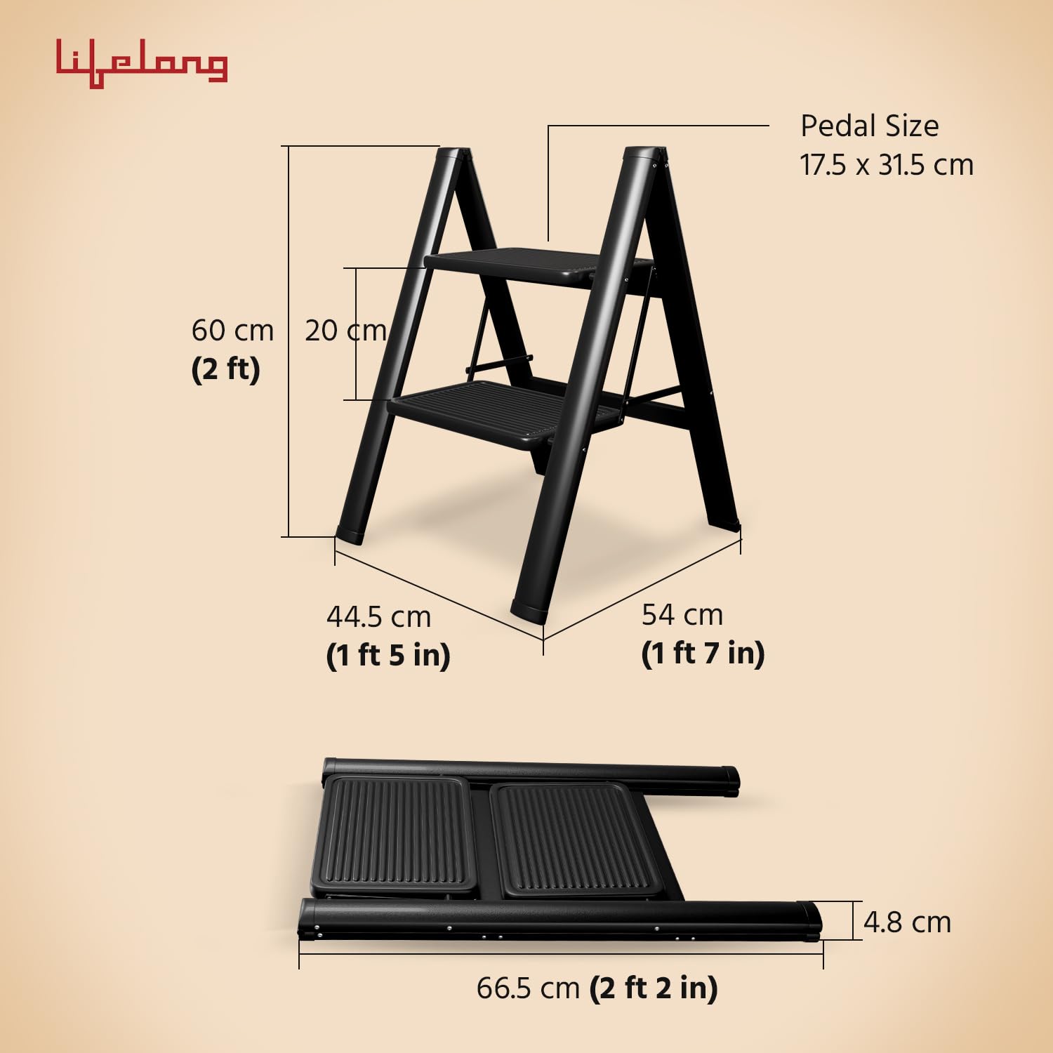 Lifelong 2-Step Steel Ladder – Foldable, Portable Multipurpose Stool, 150Kg Capacity