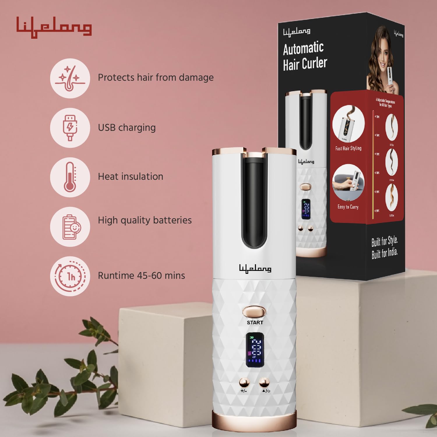 Lifelong Automatic Hair Curler | Cordless, Rechargeable & Adjustable Heat Styling Tool