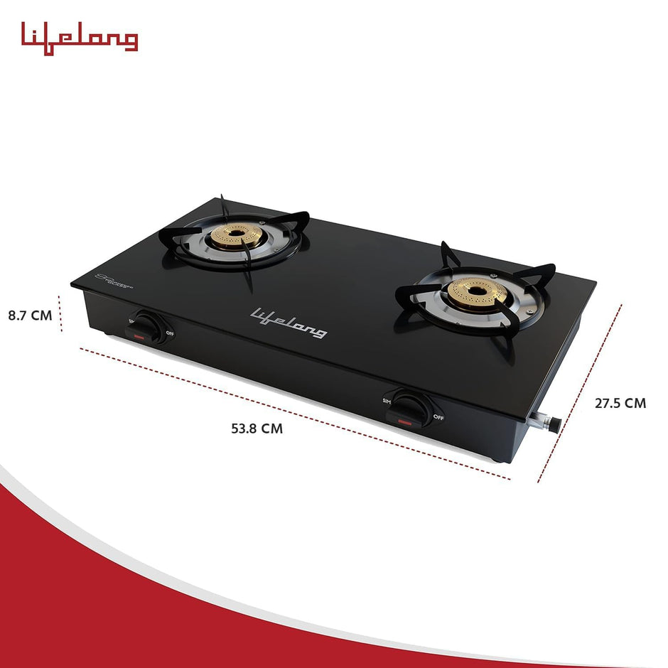 Lifelong 2 Burner Gas Stove Top for Kitchen - Manual Ignition Cooktop Modern Glass Stove for Modular Kitchen, ISI Certified & Compatible with LPG - 1 Year Manufacturer's (Black, LLG401)