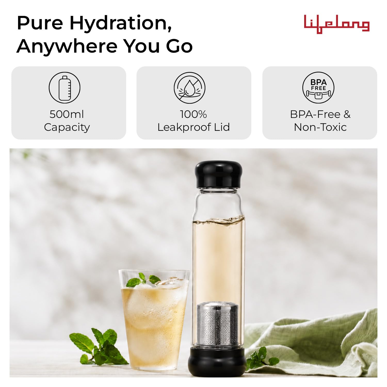 Lifelong 500ml Glass Infuser Bottle | Transparent Borosilicate Leakproof & Durable Glass Bottle for Detox Water, Tea, Juice & Herbal Drinks | Portable Reusable Drinking Bottle with Protective Sleeve