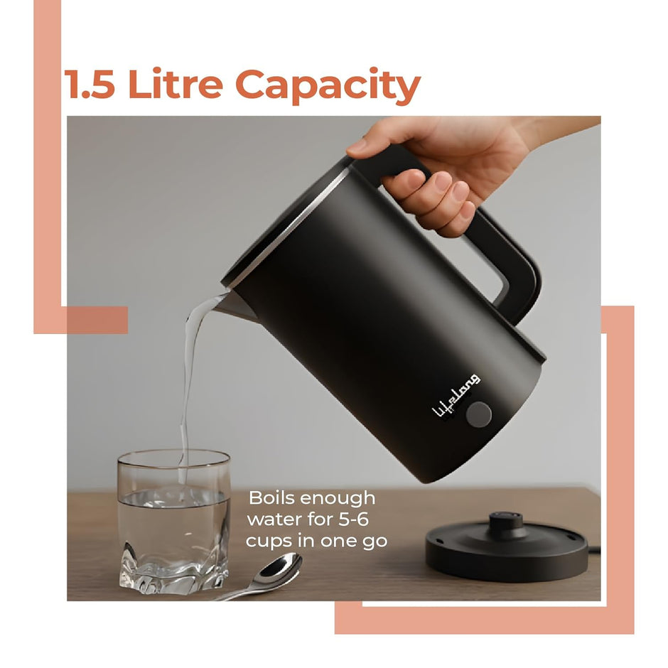 Lifelong 1.5L Electric Kettle – 1500W Stainless Steel Double Wall Kettle with Cool Touch Body, Auto Shut-Off & Overheat Protection (Black