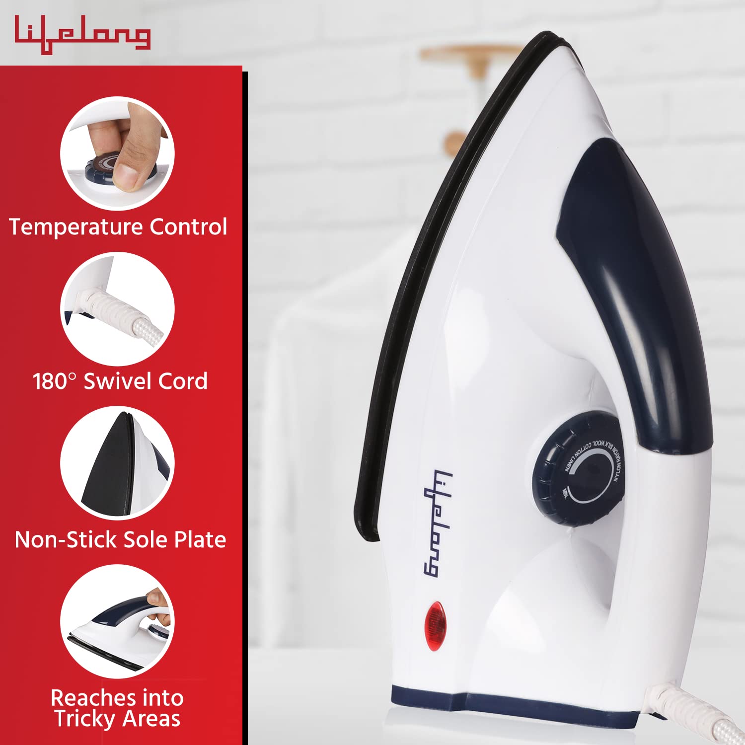 Lifelong 1000W Dry Iron | Lightweight Electric Iron with Non-Stick Soleplate, Adjustable Temperature Control & Power Indicator | Compact| 2 Year Warranty | Blue & White (LLDI30)