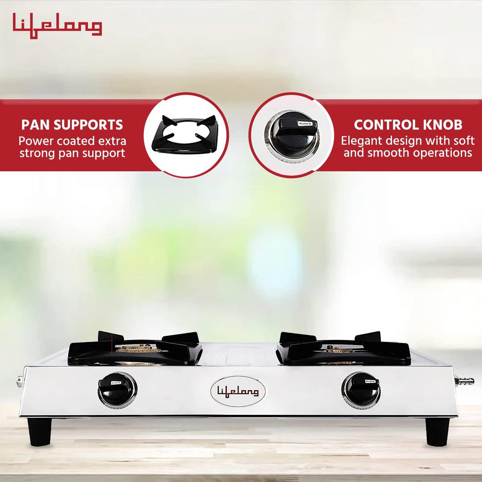Lifelong 2 Burner Gas Stove Top for Kitchen - Manual Ignition Cooktop with Stainless Steel for Kitchen, ISI Certified & Compatible with LPG - 1 Year Manufacturer's (Silver, LLGS991)