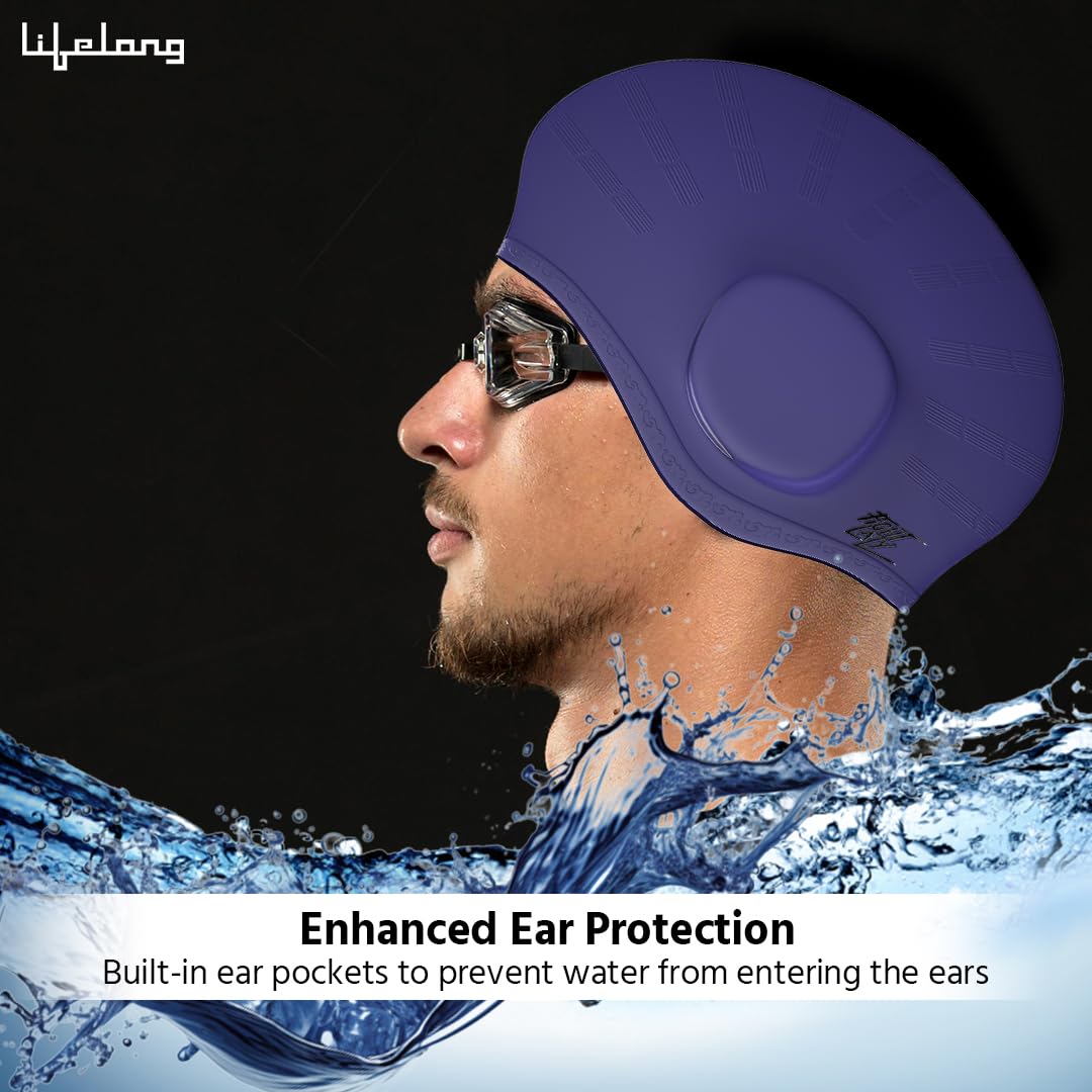 Purple Silicone Swim Cap with Ear Guard