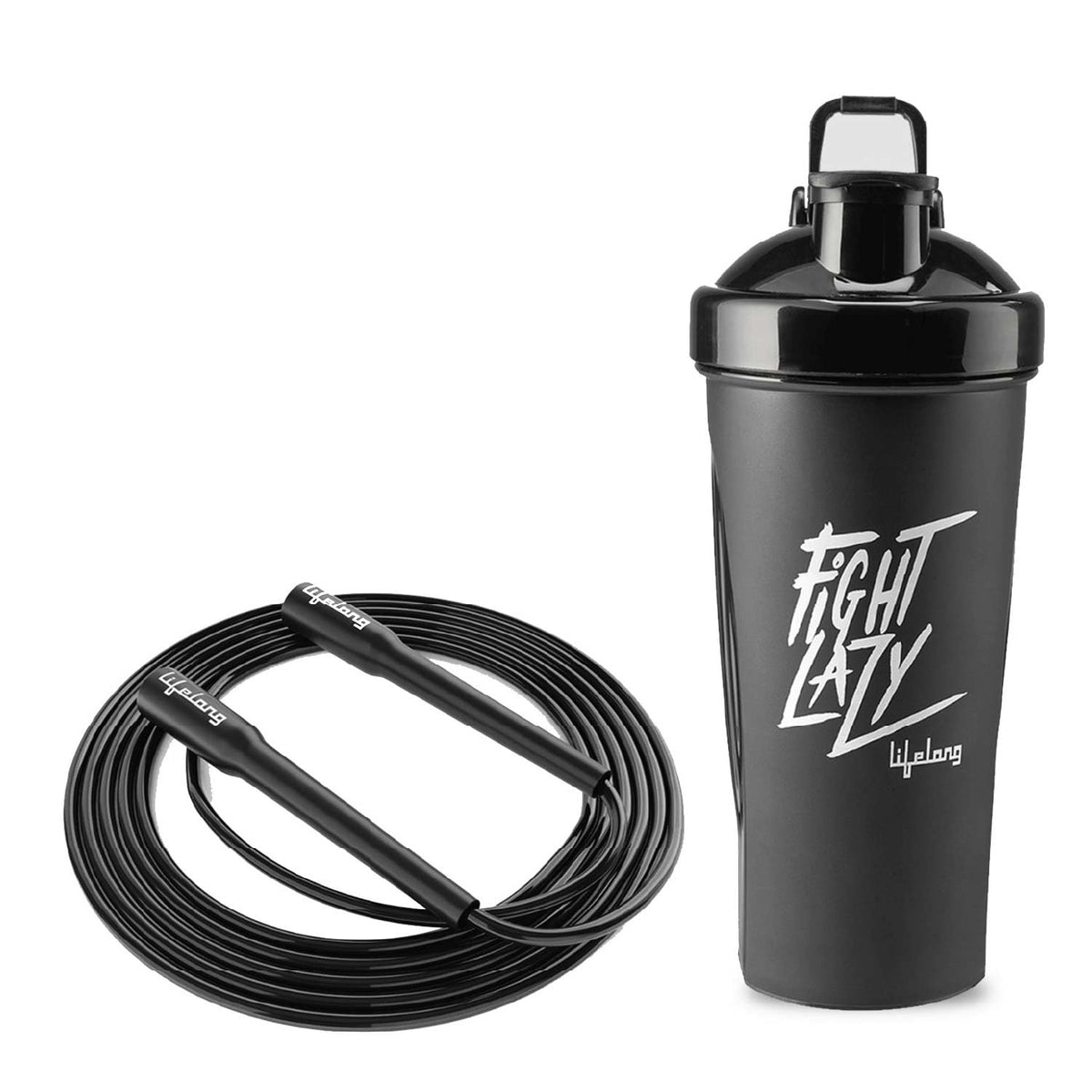 Lifelong Shaker Bottle & Skipping Rope | Leakproof Protein Shaker for Gym, Workout, Smoothies & Pre-Workout Drinks | Fitness & Cardio Training Rope for Men, Women & Kids | Pack of 2 – Black