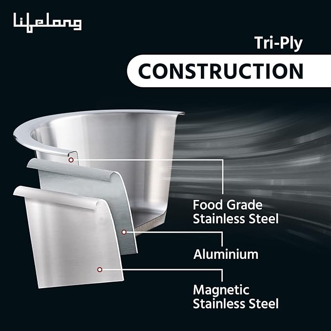 Triply Stainless Steel Deep Kadai with Lid – 2.8L, 24 cm