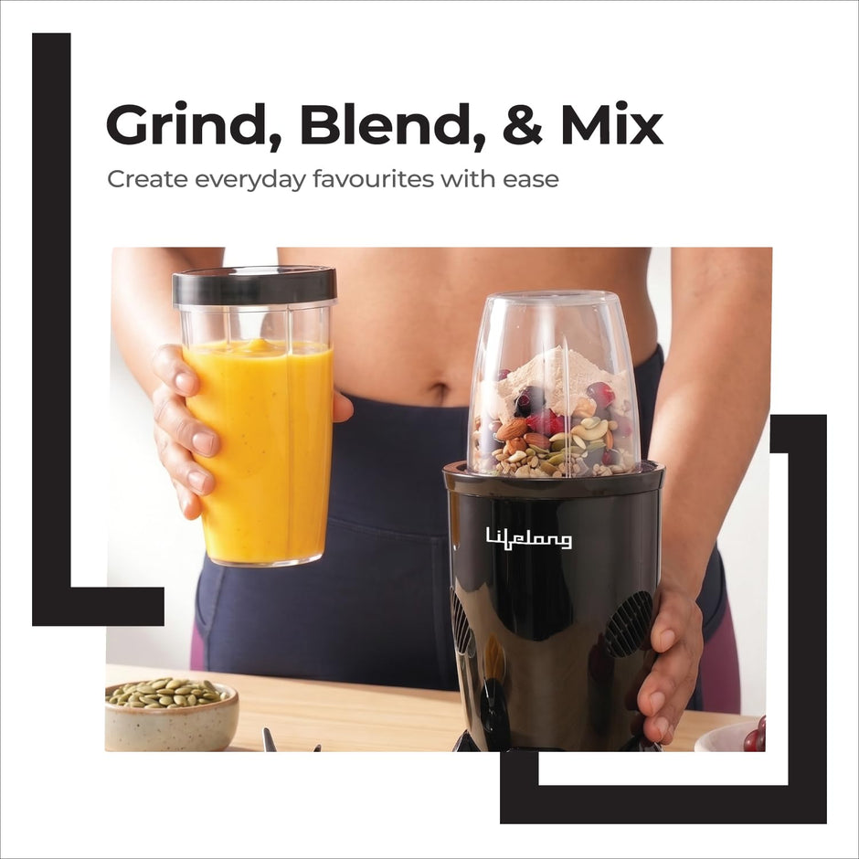 Lifelong Nutri Blender with 2 Jars (500ml & 300ml)| 450W Motor, 3 Speed with Pulse, Dual SS Blades(2-Leaf & 4-Leaf)