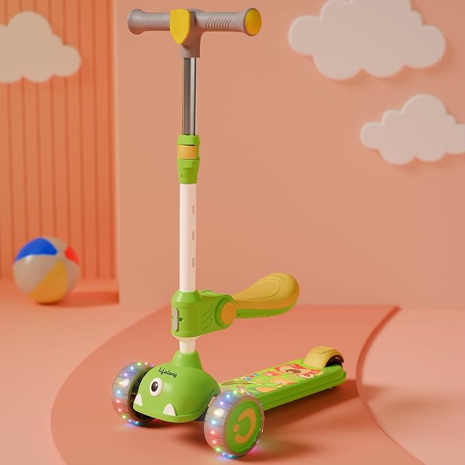 Lifelong Kids Scooter with Foldable Seat – LED PU Wheels, 4-Level Adjustable Height, BIS Certified, 50kg Capacity (Green & Yellow)