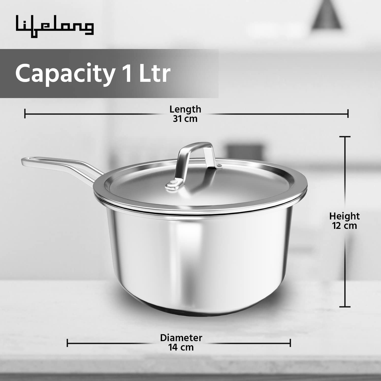 Lifelong LLTPSP901 Triply Sauce Pan with Riveted Handle with Stainless Steel Lid 1 litre Capacity (14 cm Diameter, Induction, Dishwasher and Gas Stove Friendly) 1 Litres