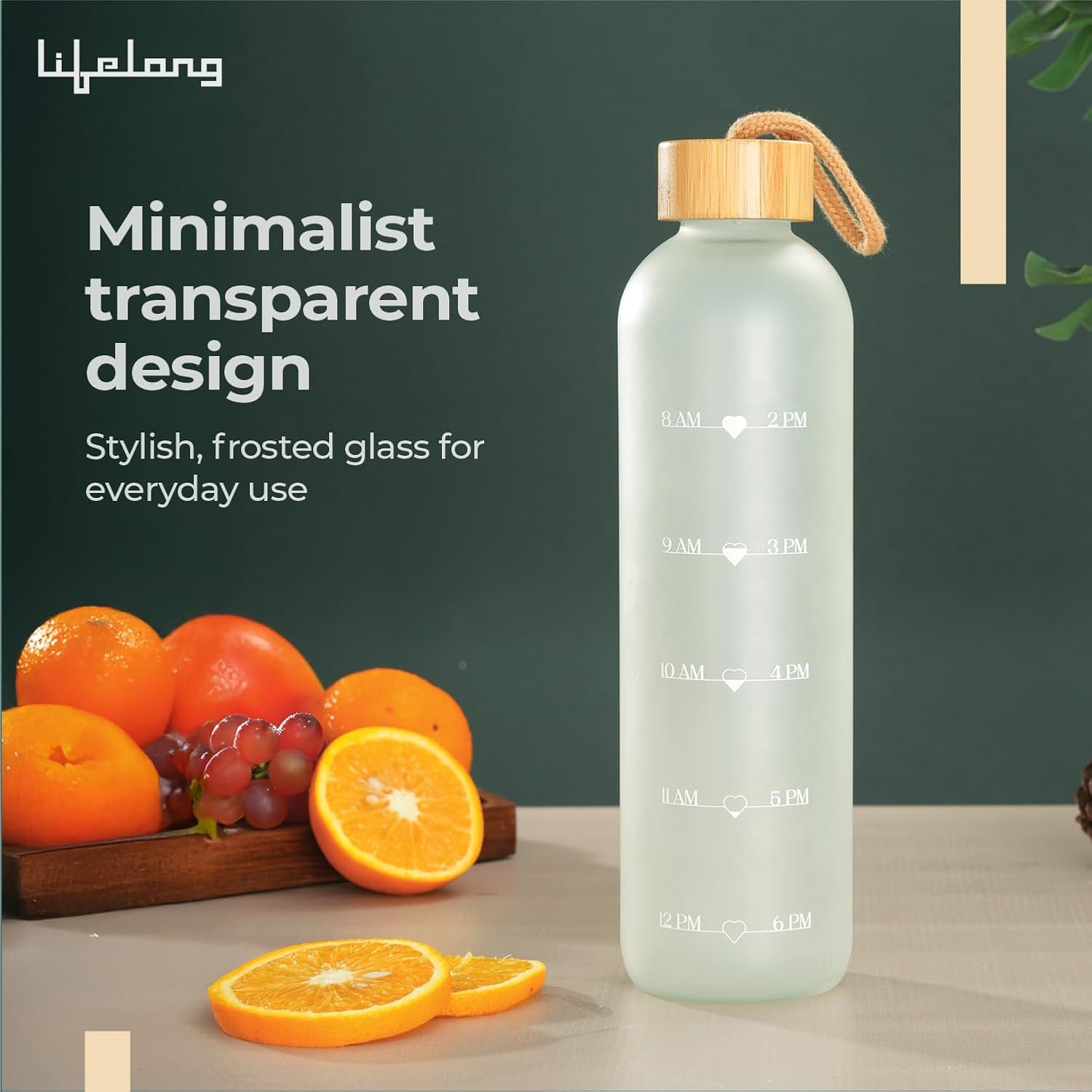 Lifelong 1L Motivational Water Bottle | Transparent Frosted Glass with Time Marker | Leak Proof Screw Lid with Carry Loop | BPA Free | Reusable Drinking Bottle for Office, School, College, & Travel