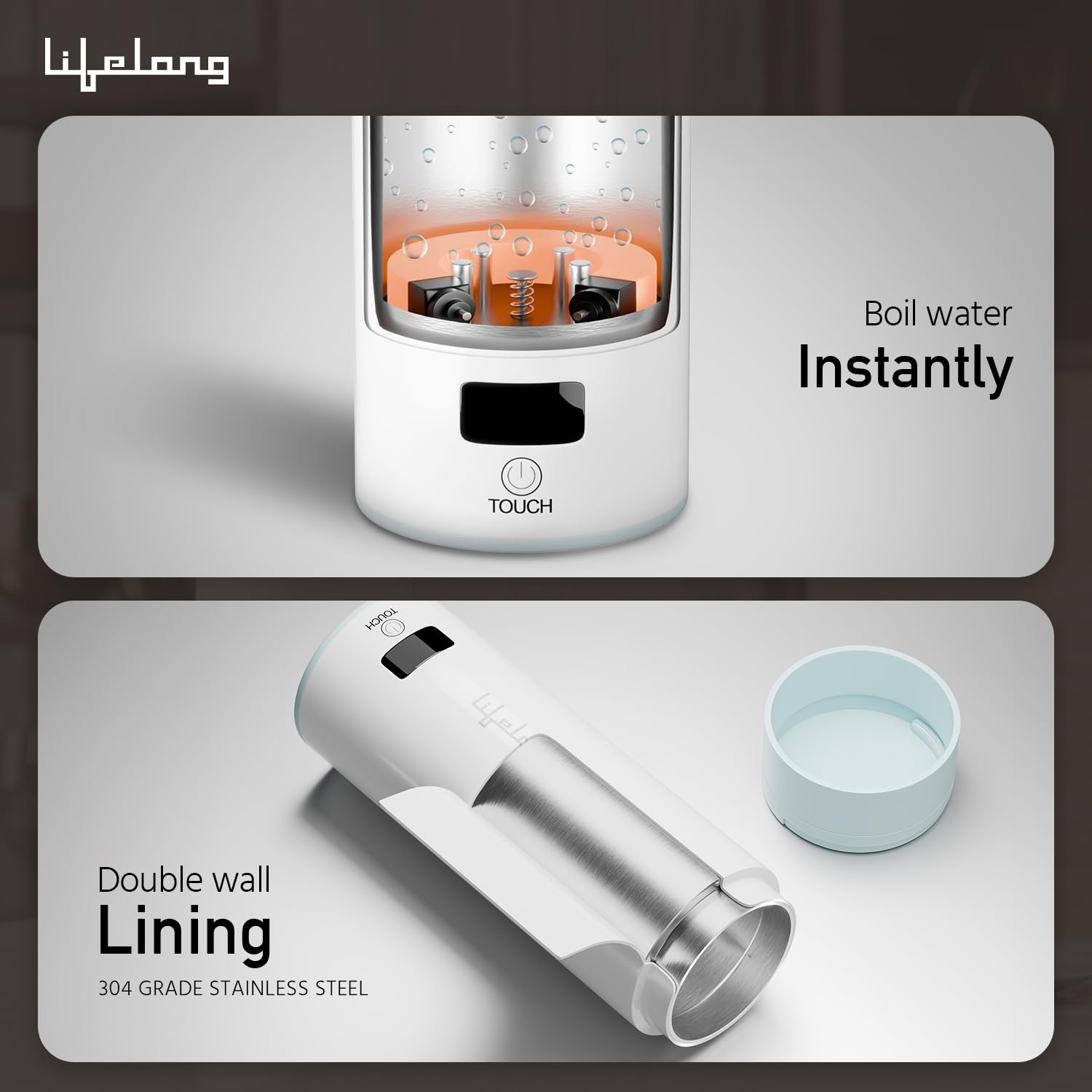 Lifelong 2-in-1 Portable Electric Kettle Bottle 400ml, Digital Touch, 4 Temp (LLEPK09)