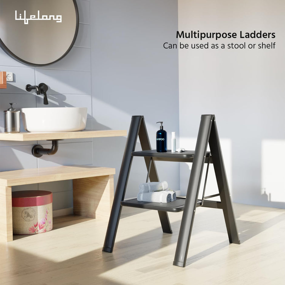 Lifelong 2-Step Steel Ladder – Foldable, Portable Multipurpose Stool, 150Kg Capacity