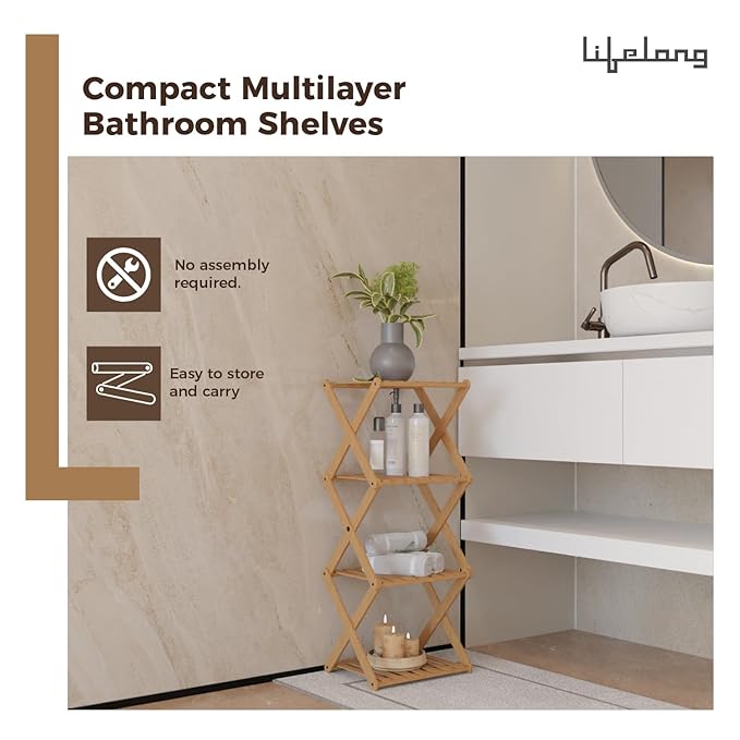 Lifelong 4-Tier Bamboo Bathroom & Countertop Organizer – Water-Resistant Eco-Friendly Storage Rack for Towels, Toiletries, Perfumes & Plants (30 × 29 cm)