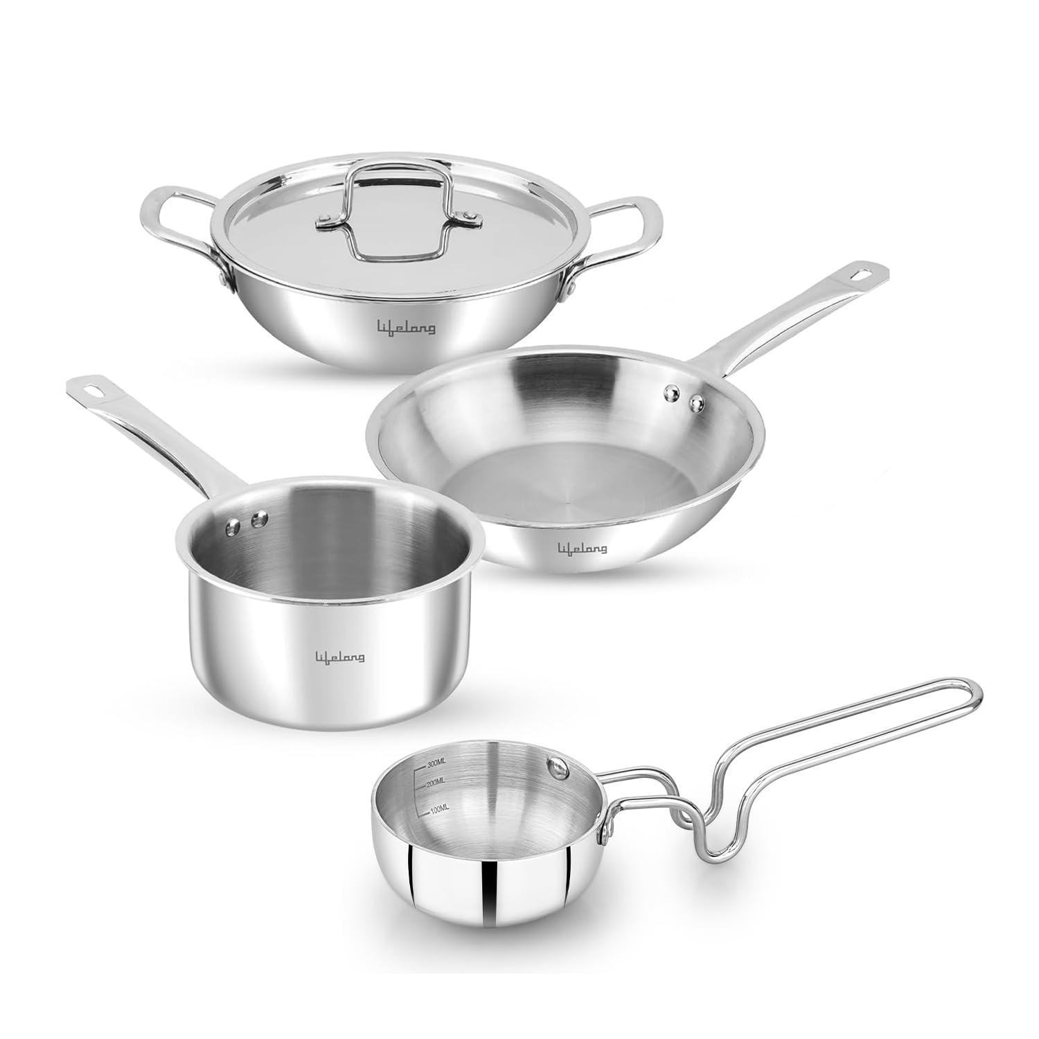 Lifelong Triply 5 piece cookware set|Triply Kadai, Frypan, Saucepan & Tadka Pan for Cooking | 20cm Kadai (1.7L)& Fry Pan (1.2L) 20cm| 14cm Saucepan (1.2L) & Tadka Pan 10 Cm with Common Lid (LLTPDK009)|Induction and Gas Stove Compatible Combo of 5