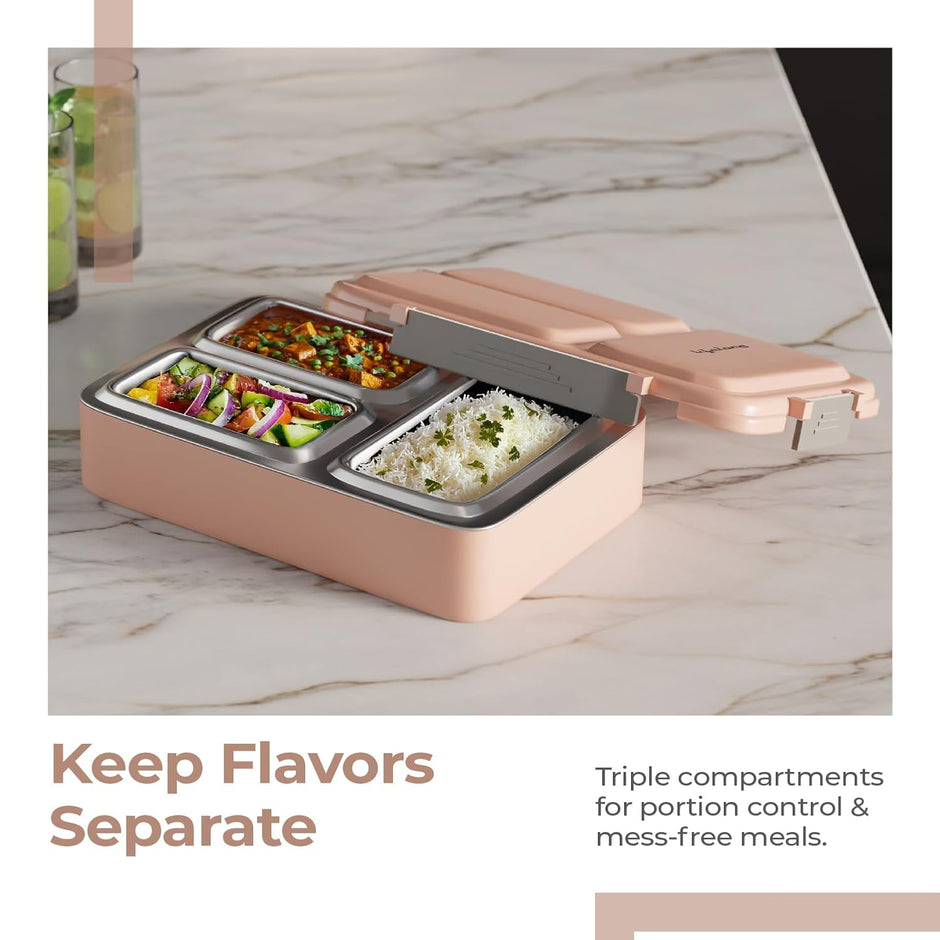Lifelong Lunch Box for Office Use | Tiffin Box for School & Work | 3-Compartment Stainless Steel Tiffin Box|700ml Leak-Proof Insulated Lunch Boxes for Kids & Adults(LLBLB03,Pink)