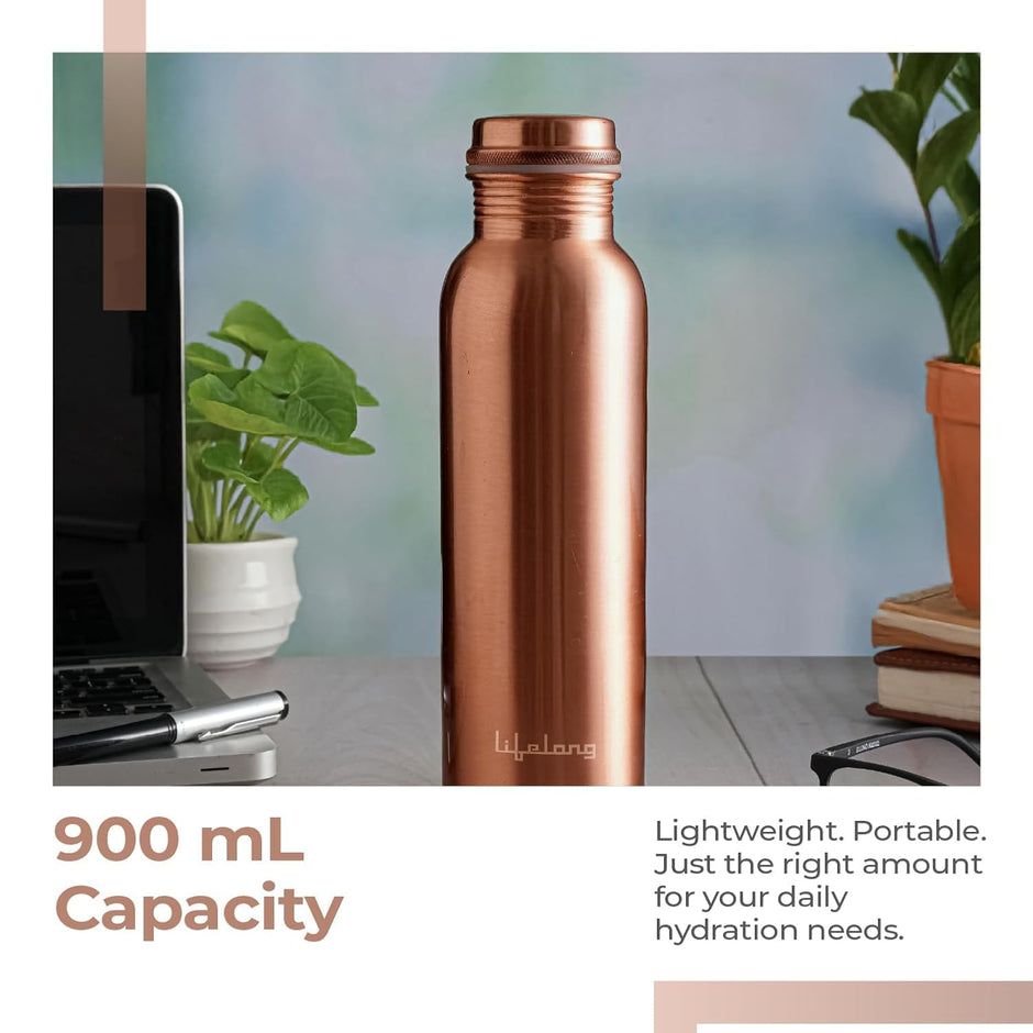 Lifelong 900 ml Copper Water Bottle | Natural Alkaline water | Leakproof & Lightweight Design Boosts Immunity | Anti-Bacterial, BPA Free, Easy to Clean with Secure Cap for School, Travel, Gym & Work LLCBU03
