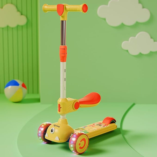 Lifelong Kids Scooter with Foldable Seat – LED PU Wheels, 4-Level Adjustable Height, BIS Certified, 50kg Capacity (Yellow & Orange)