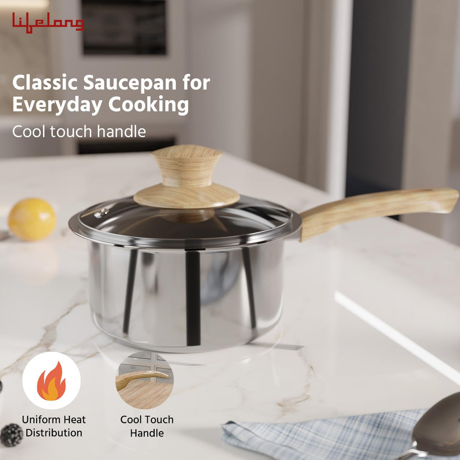 Lifelong TriPly 16 cm Sauce Pan for Cooking, 1.5 litres with Glass Lid