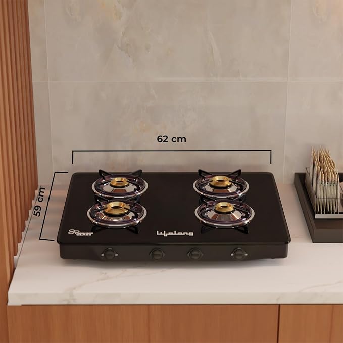 Lifelong 4 Burner Gas Stove with Free Gas Saver – ISI Certified Manual Ignition Glass Top Cooktop, LPG Compatible, Modern Design for Modular Kitchen