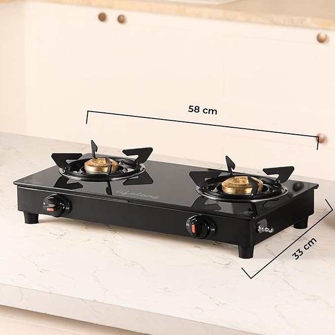 Lifelong 2 Burner Gas Stove with Free Gas Saver – ISI Certified Manual Ignition Glass Top Cooktop, LPG Compatible, Modern Kitchen Design (1 Year Warranty)